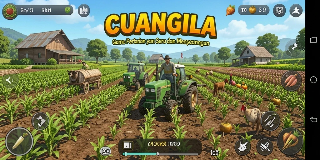 Screenshot gameplay CUANGILA menampilkan lahan pertanian yang subur dan indah.