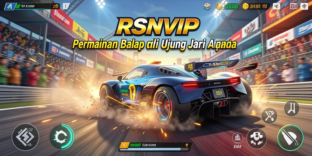Tangkapan layar utama RSNVIP menunjukkan aksi balap yang mendebarkan.